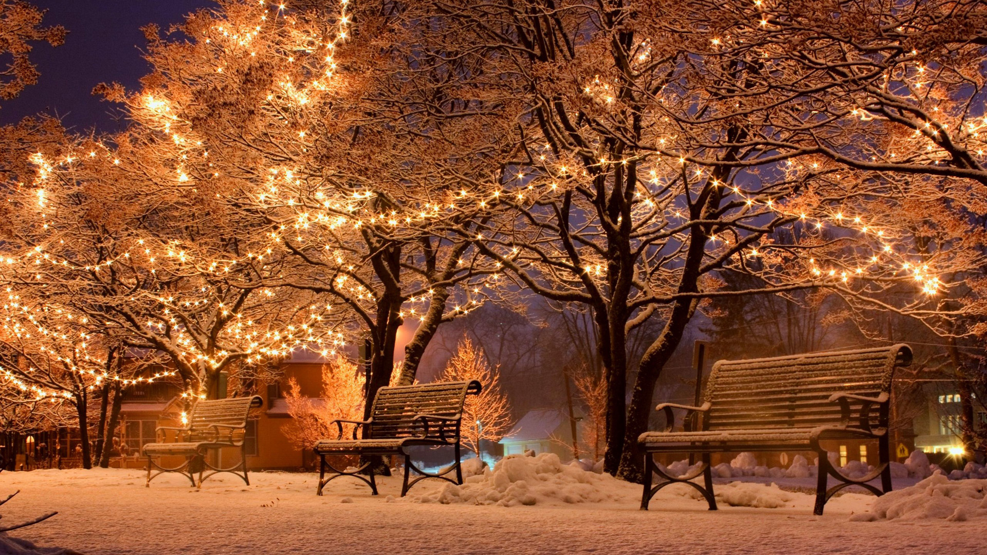 冬日雪景，城市街夜晚灯箱风景壁纸，免费下载