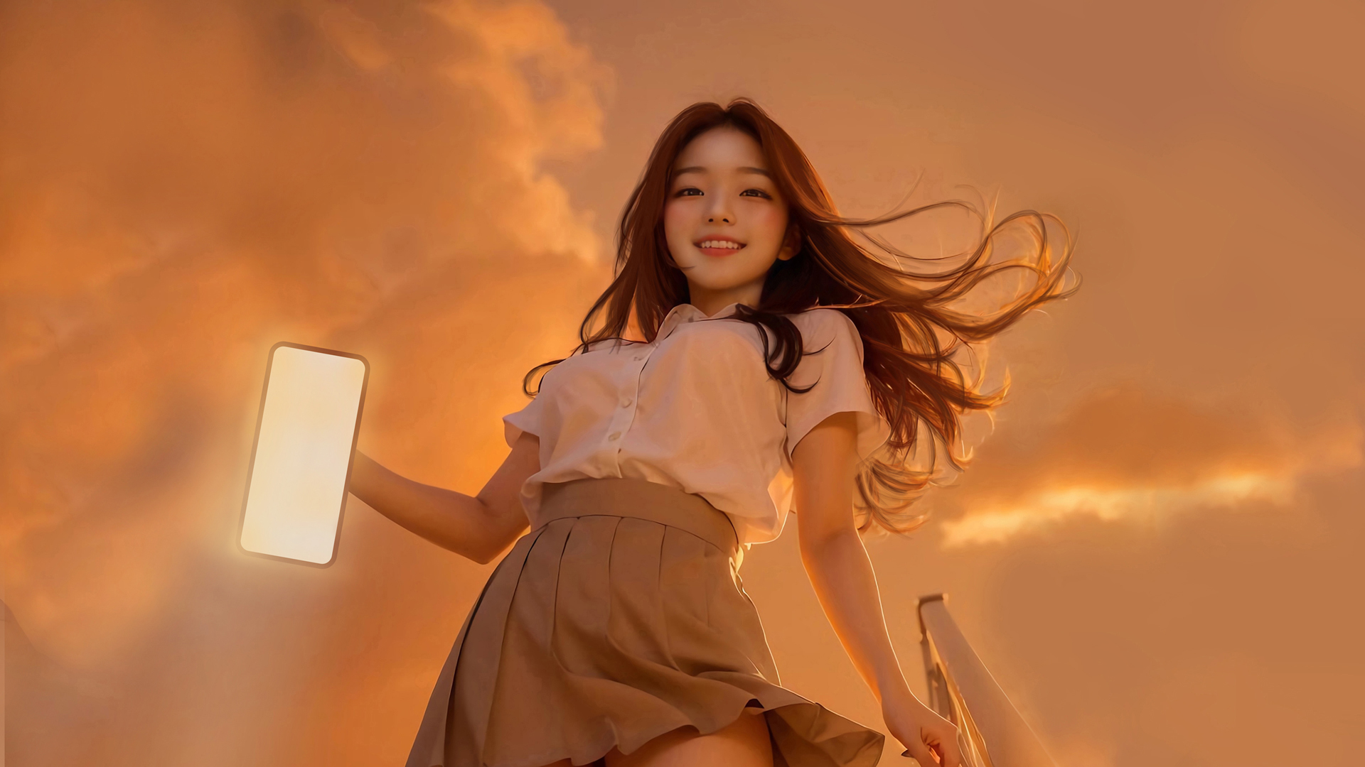 唯美动漫壁纸，长发少女微笑倩影，白衬衫百褶裙飘逸，天空云彩映衬