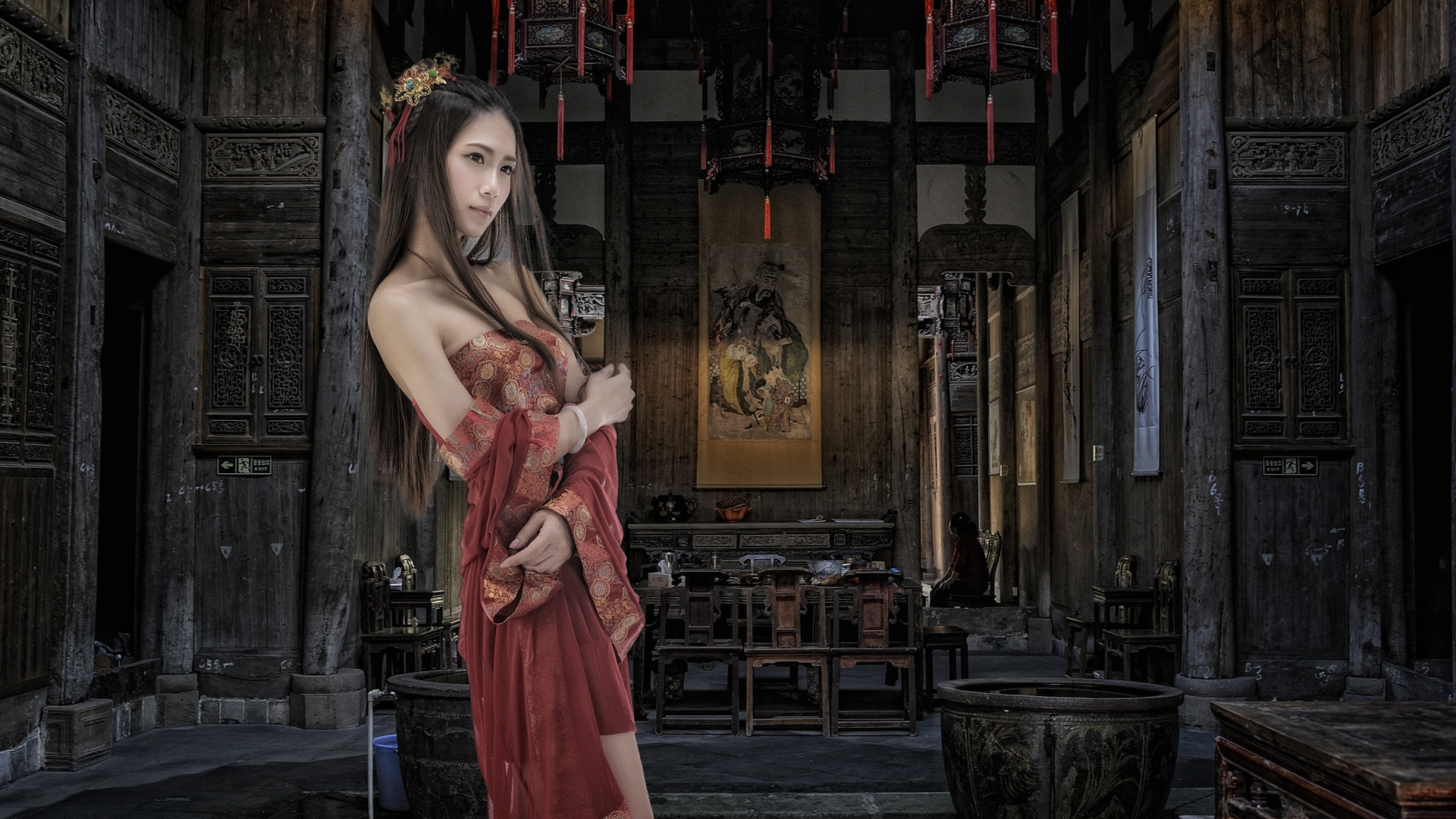 古风美女壁纸，古典红裙映衬古代建筑，绝美中国风大厅画面免费下载
