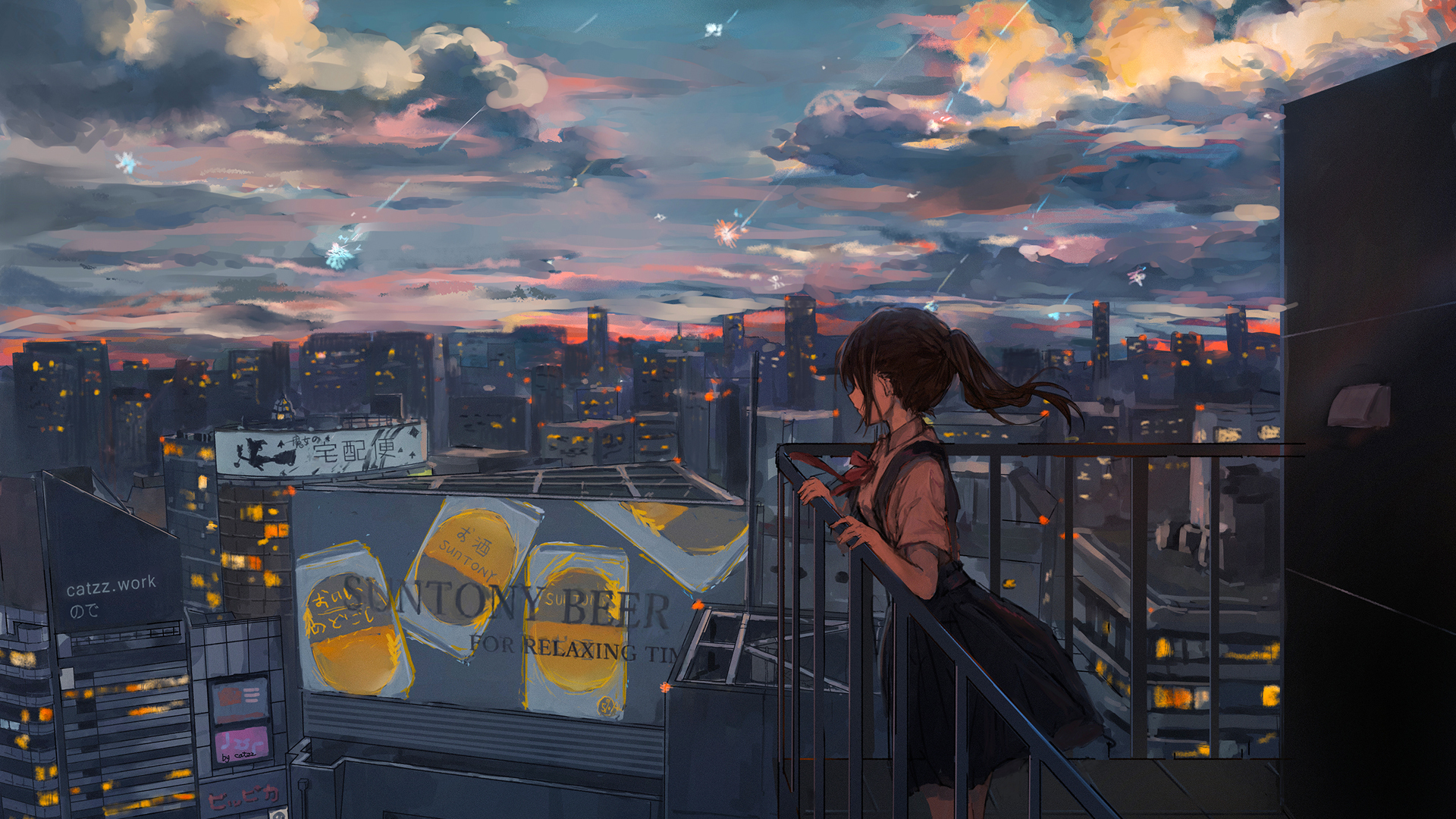 都市夜景流星，绝美2K动漫壁纸，免费下载，献给傍晚的女孩们