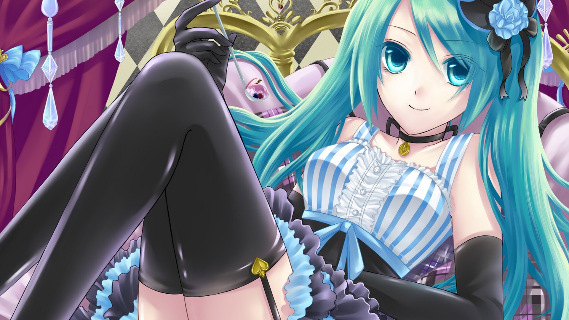 初音未来动漫壁纸，蓝色发丝，黑袜少女，免费电脑壁纸下载