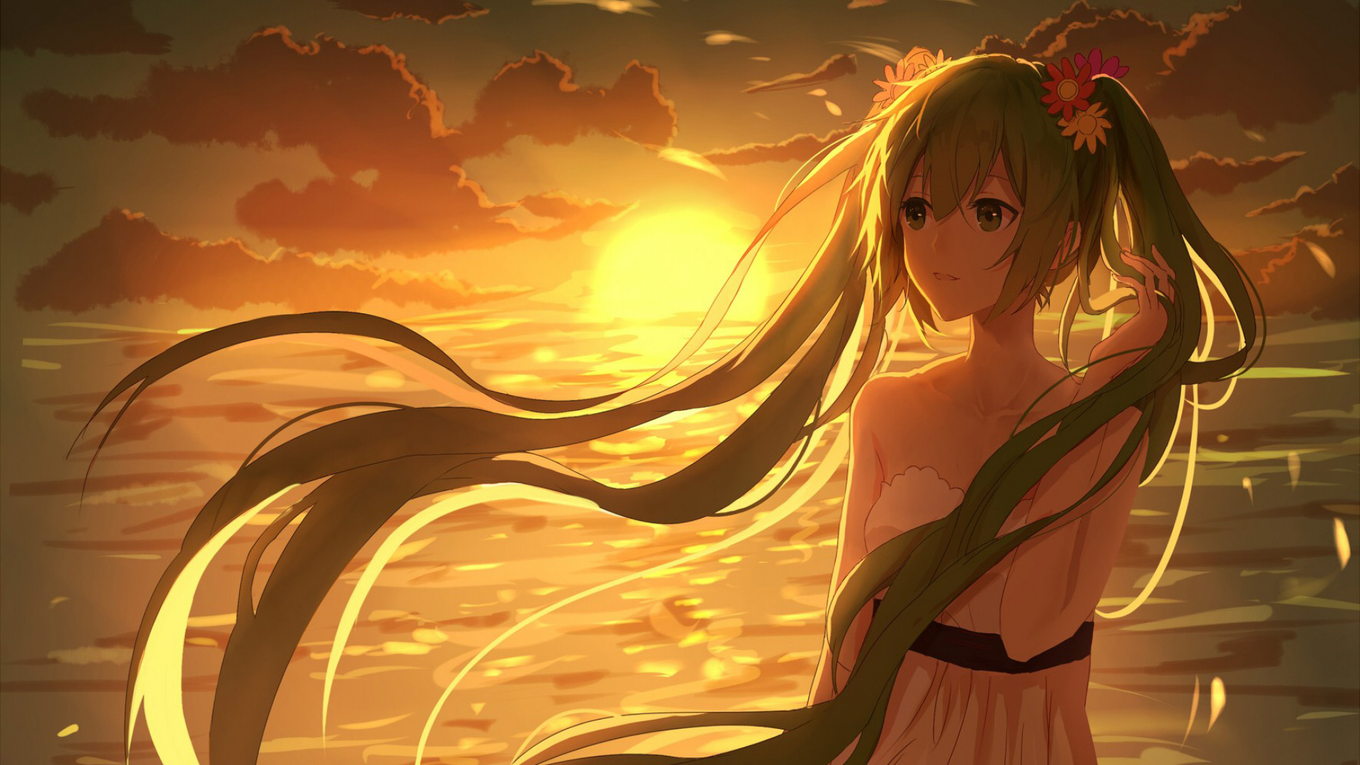 初音未来动漫壁纸，风舞日落，女孩倩影，免费下载绝美电脑桌面背景