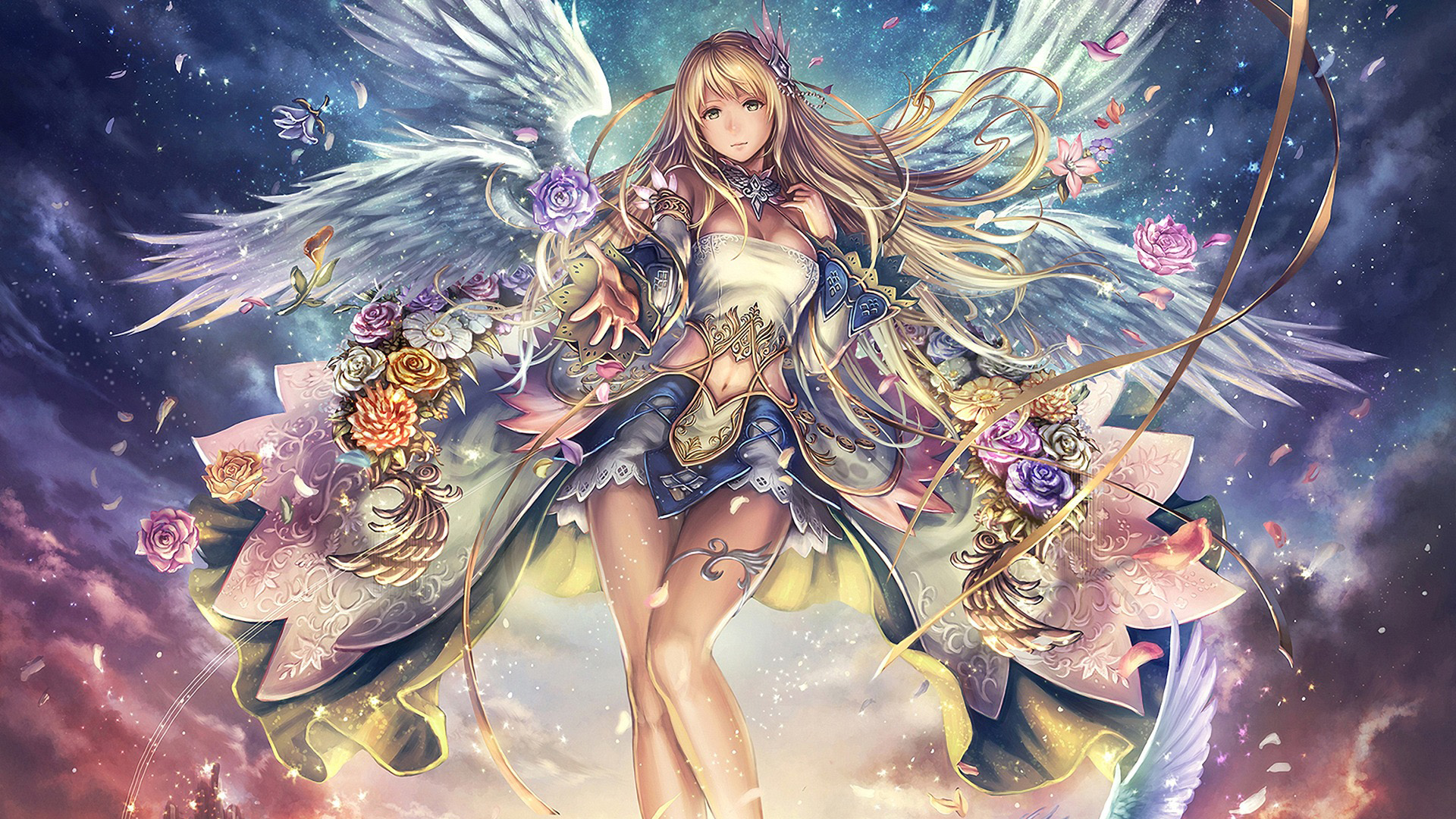 女孩幻想，华丽天使翅膀与花瓣动漫桌面壁纸，免费下载！