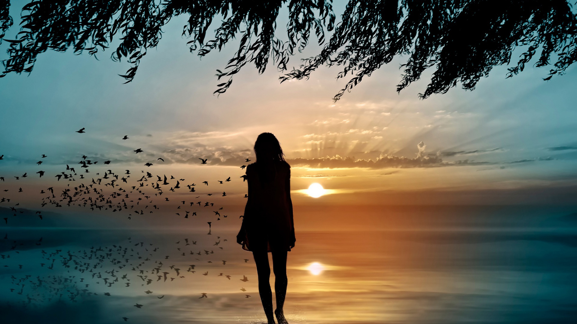 女孩剪影·夕阳映海·绝美壁纸免费下载·电脑桌面新宠