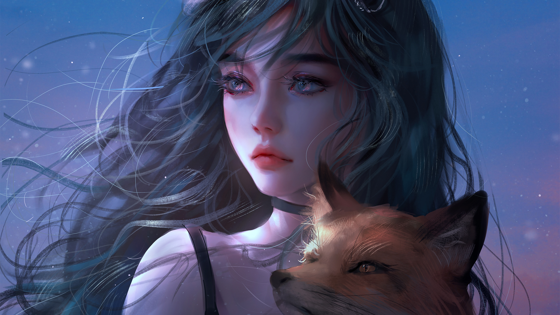 长发女子与狐狸，唯美厚涂画风动漫壁纸，免费下载电脑版