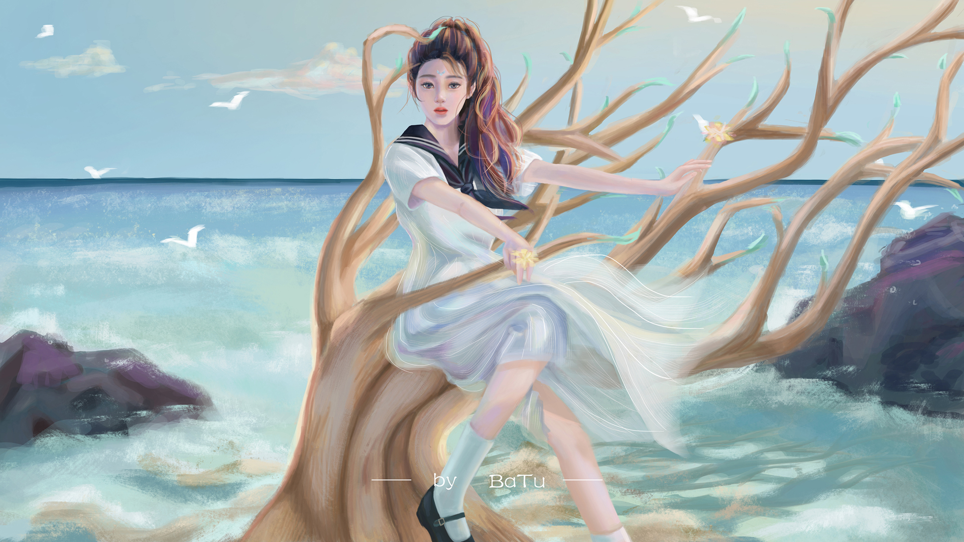 唯美海边风景，树影婆娑中的水手服女孩动漫壁纸，免费下载！