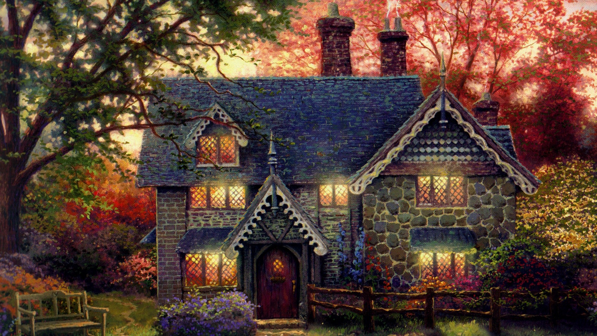托马斯·金凯德姜饼小屋艺术图片，绝美风景主题绘画，免费电脑壁纸下载