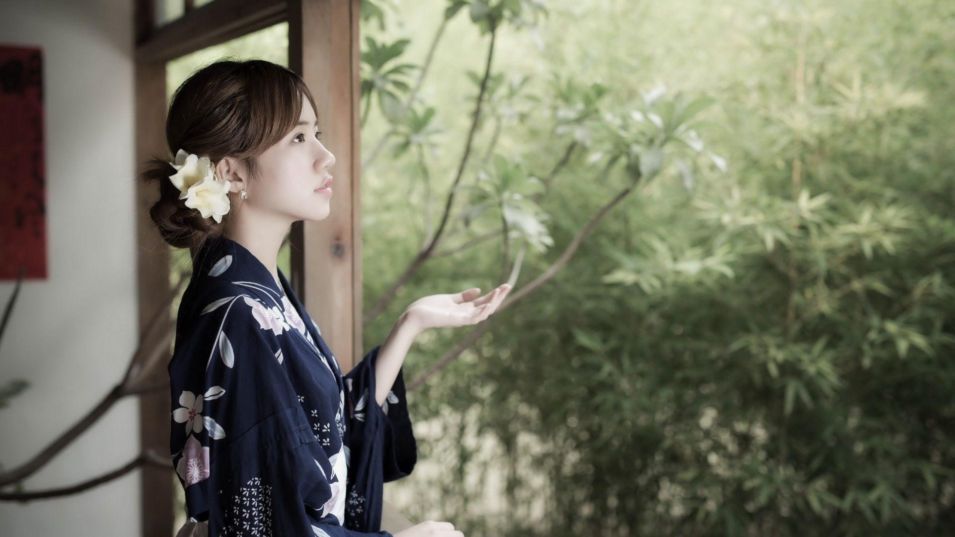 和服，美女，小手，心情，家，院子，树林，美女壁纸