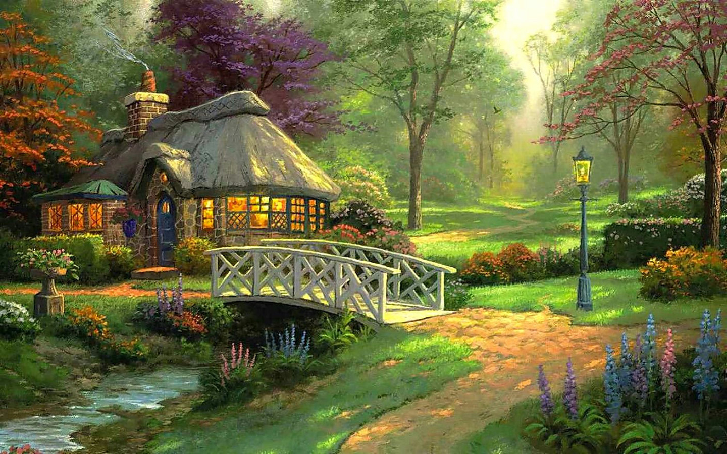 托马斯金凯德Thomas Kinkade,林间小屋,风景桌面壁纸