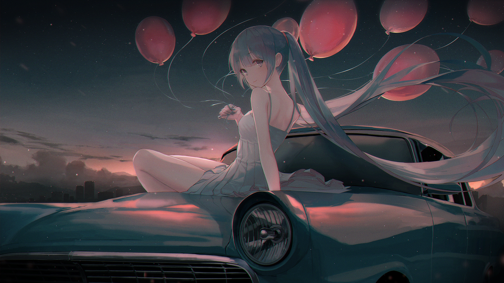 初音未来夏日黄昏气球主题，高清动漫壁纸免费下载，装点你的电脑桌面！