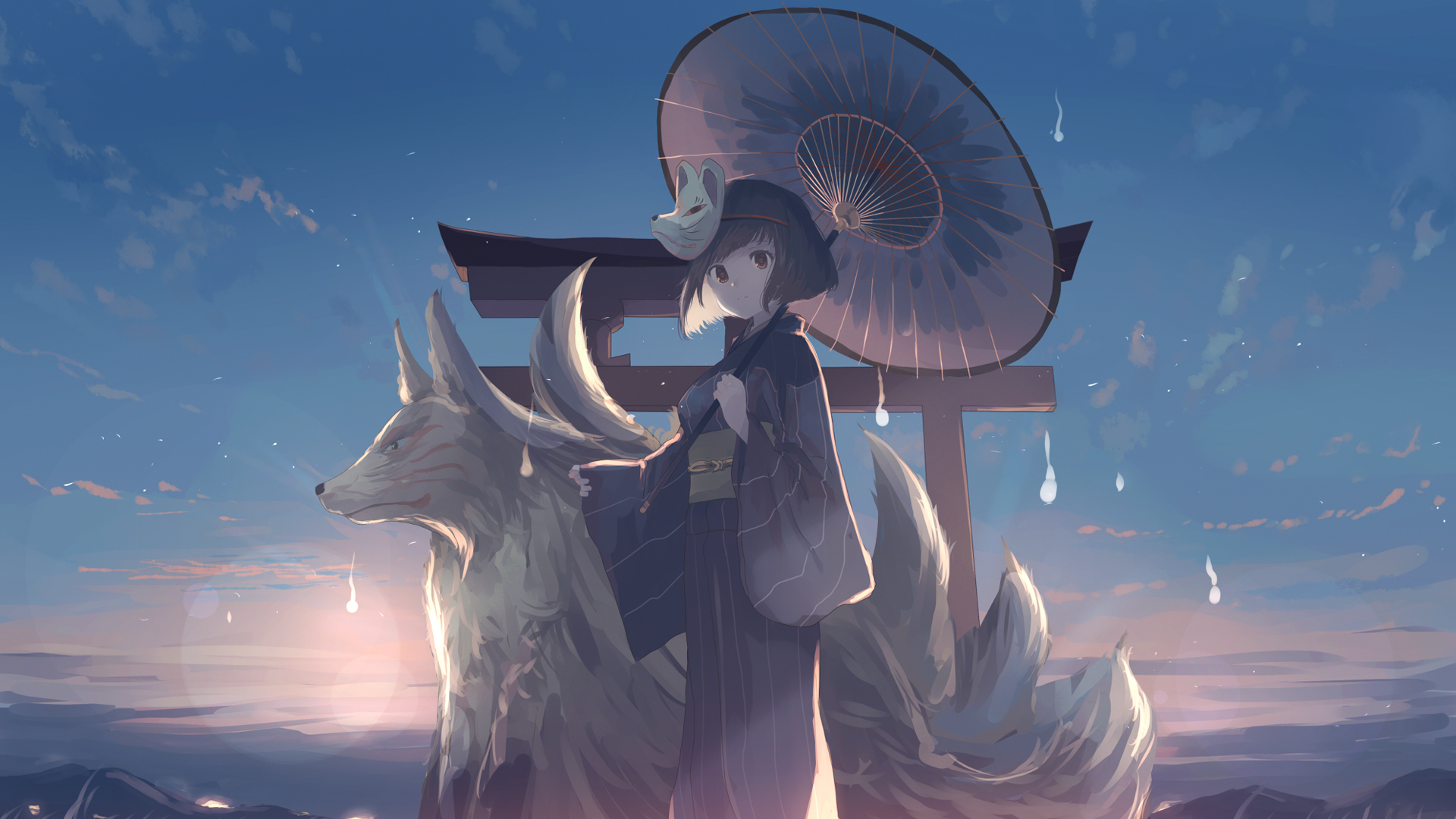 天空之下，和服女孩与神兽共舞，绝美面具与伞的动漫桌面壁纸，免费下载！