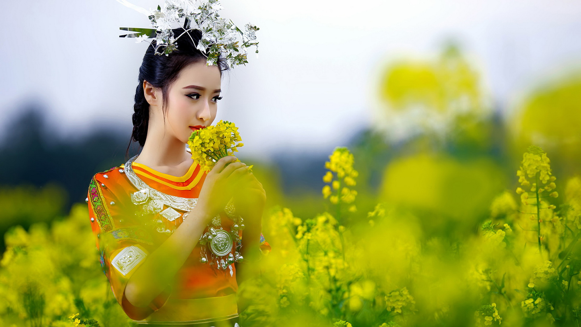 漂亮少数民族，女孩，头饰，服饰，夏天，花海，美女桌面壁纸