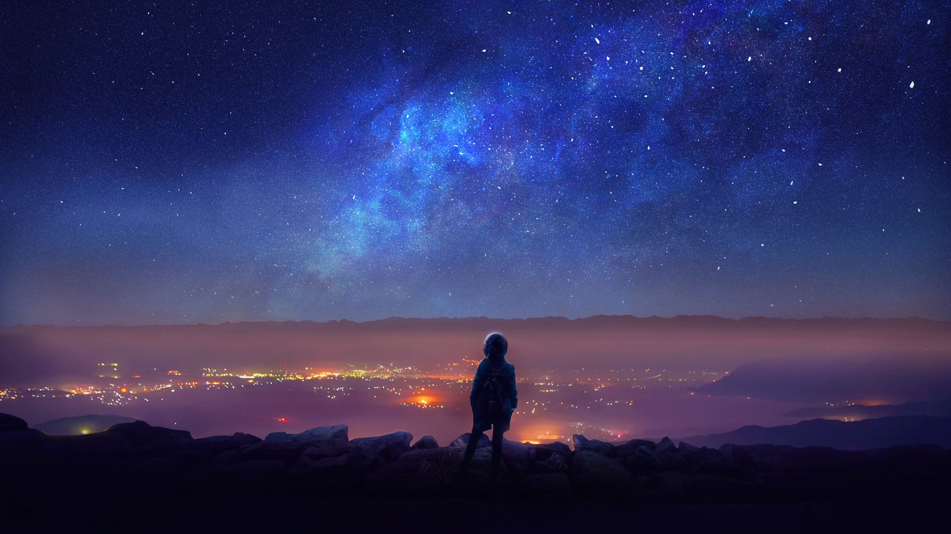 女生仰望星空唯美桌面壁纸，免费下载高清电脑背景