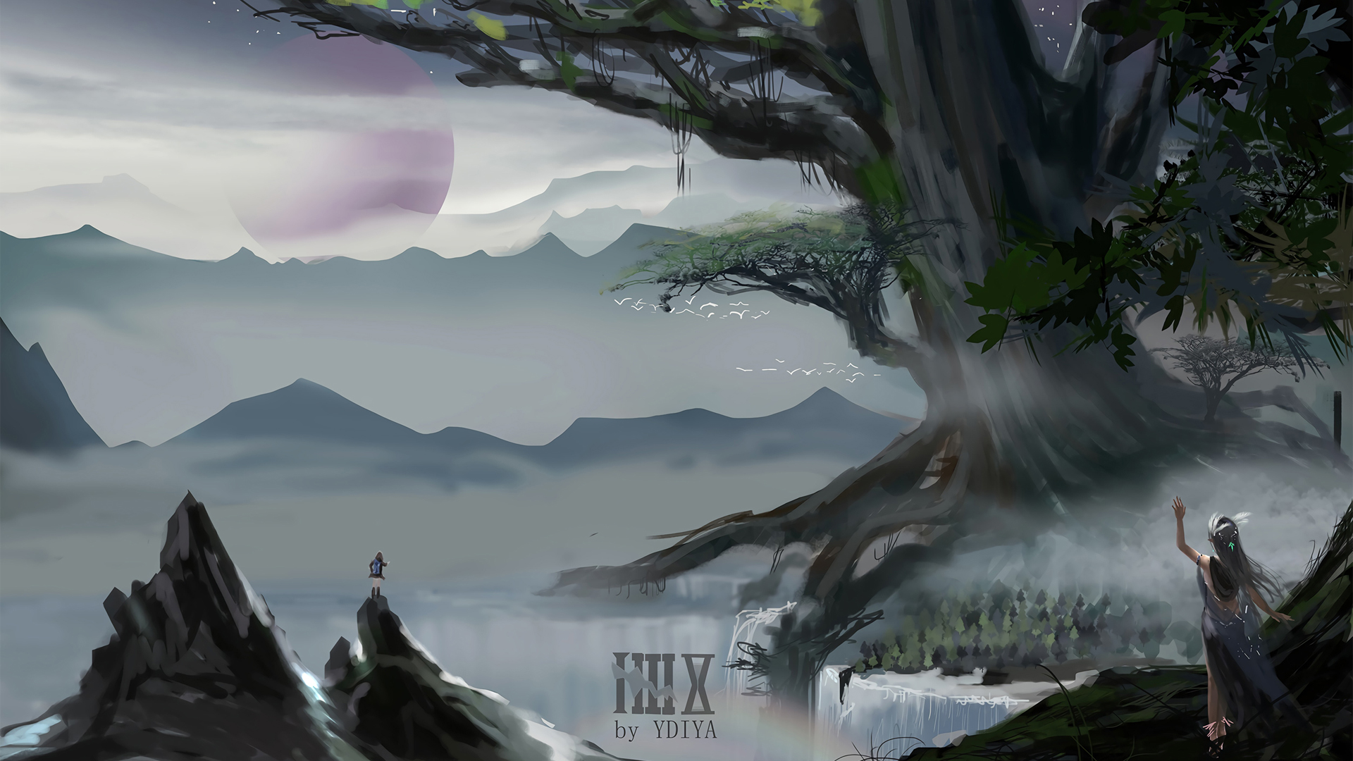 女孩背影 大树 瀑布 山 唯美动漫风景壁纸