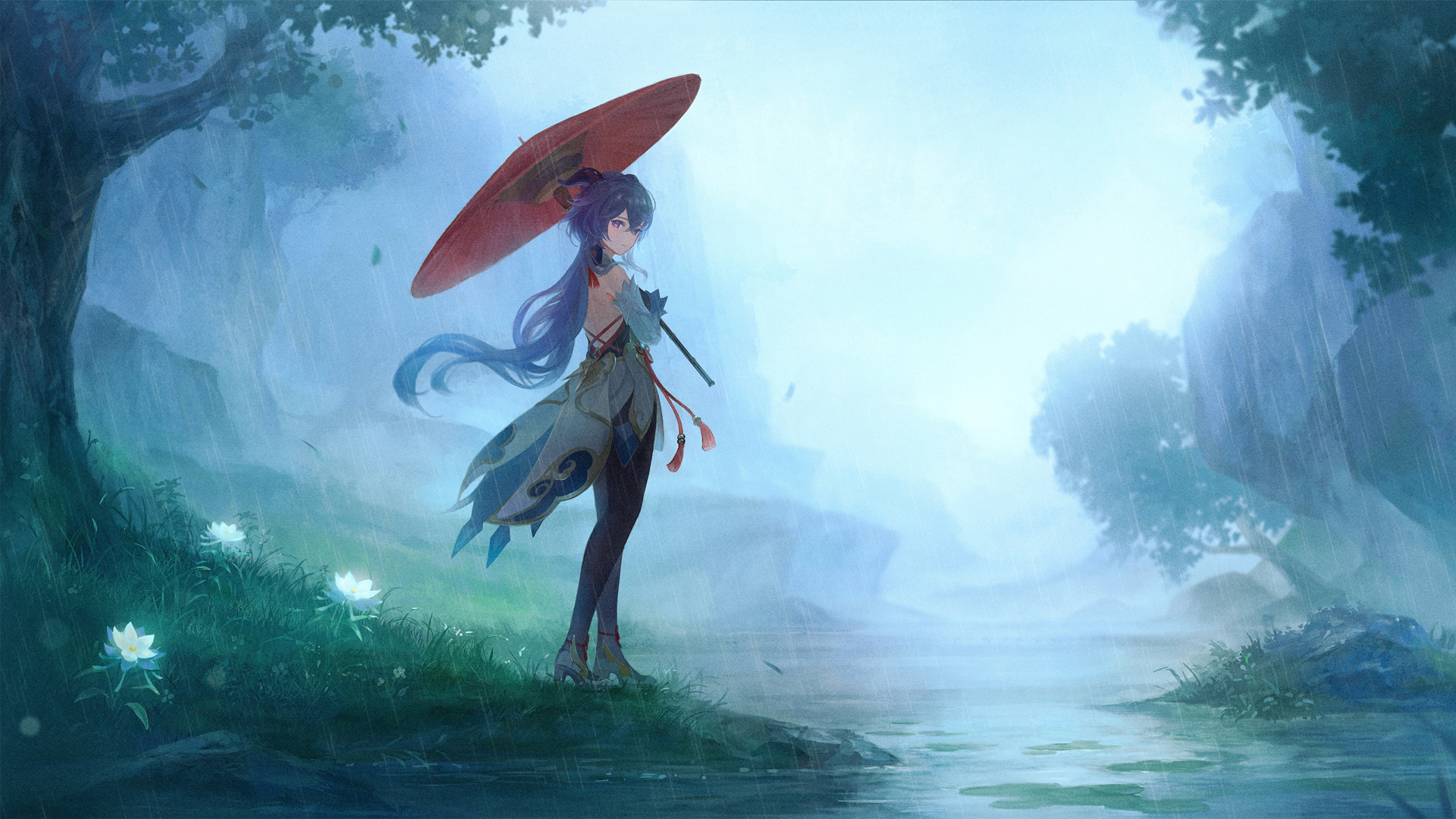 原神刻晴 伞 树 雨天 唯美 高清电脑壁纸