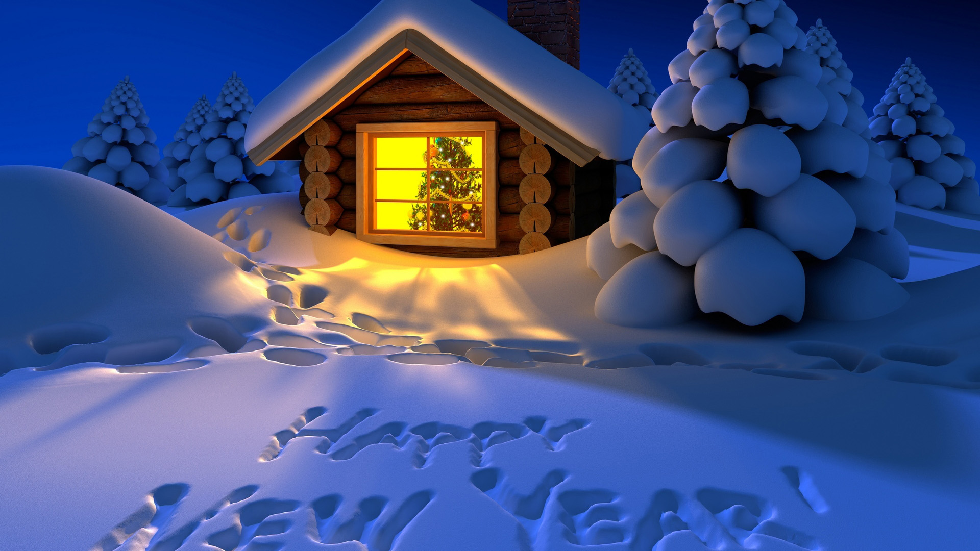 雪中小屋迎圣诞，灯光璀璨庆新年——免费高清电脑壁纸下载