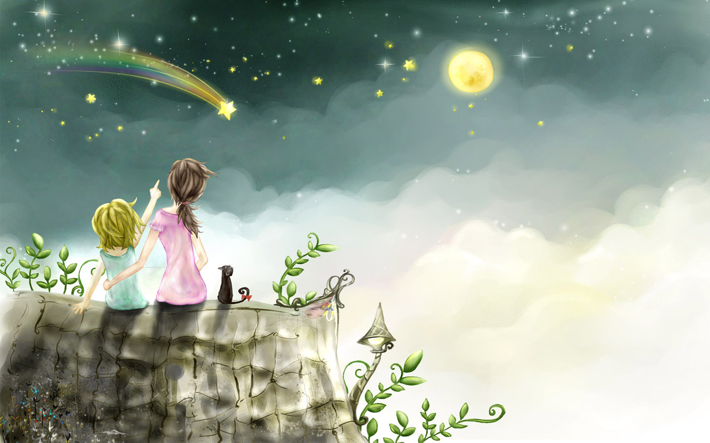 和猫咪共赏流星雨，唯美免费电脑壁纸下载