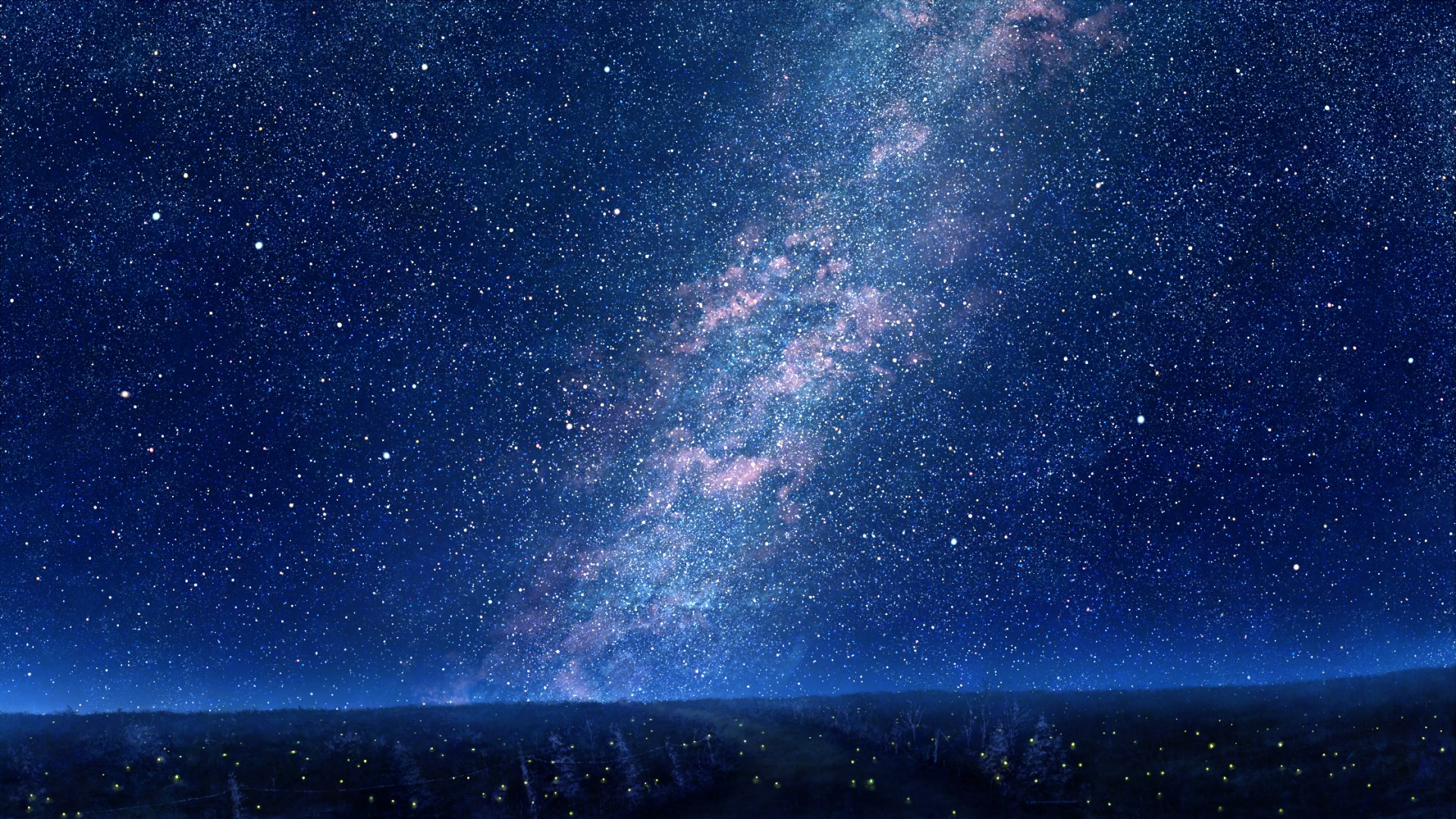 梦幻星空壁纸，蓝色夜幕下，星光闪烁，树木映衬，免费电脑壁纸下载
