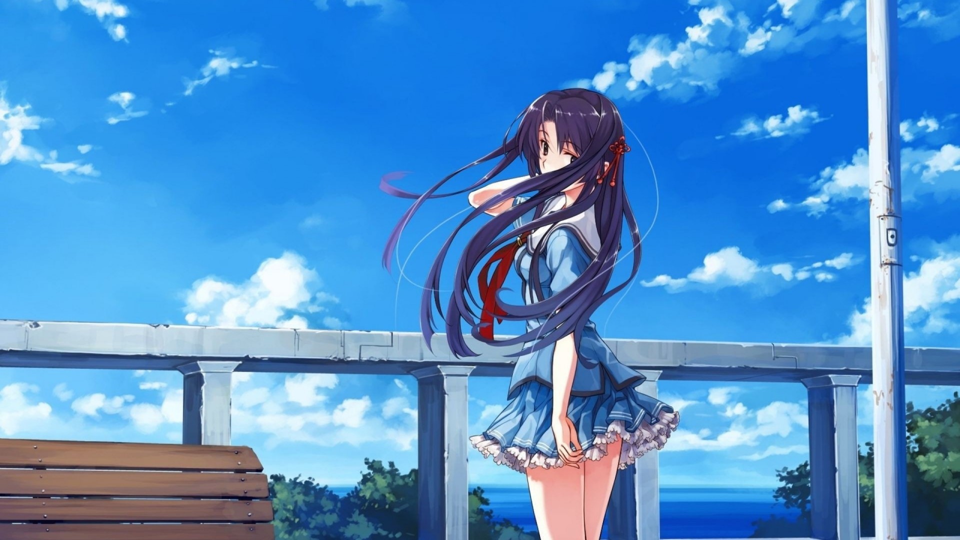长发飘舞动漫美少女桌面壁纸