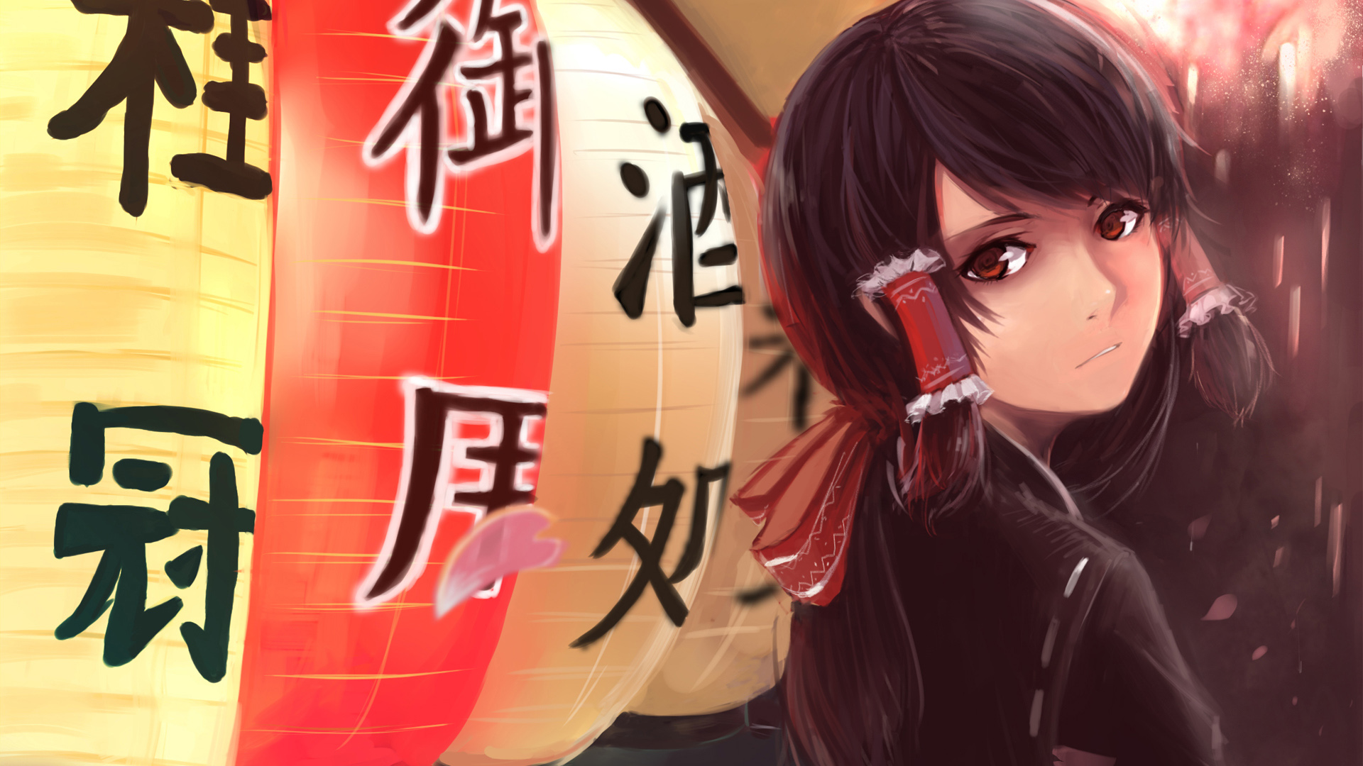 东方博丽灵梦女孩灯笼文字动漫壁纸，免费高清电脑壁纸下载
