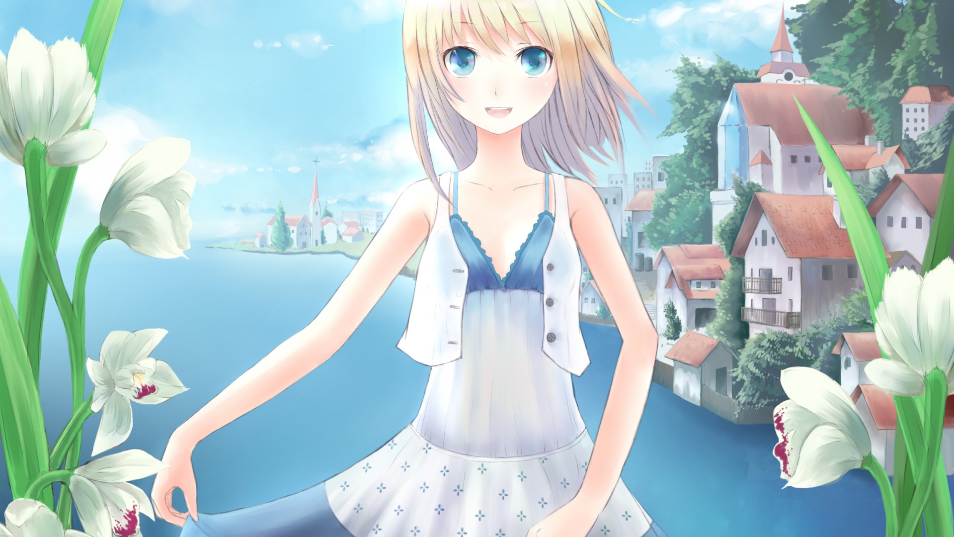 蓝色眼眸女孩漫舞城市间，大海、鲜花与天空共绘梦幻画卷——免费动漫风景壁纸下载