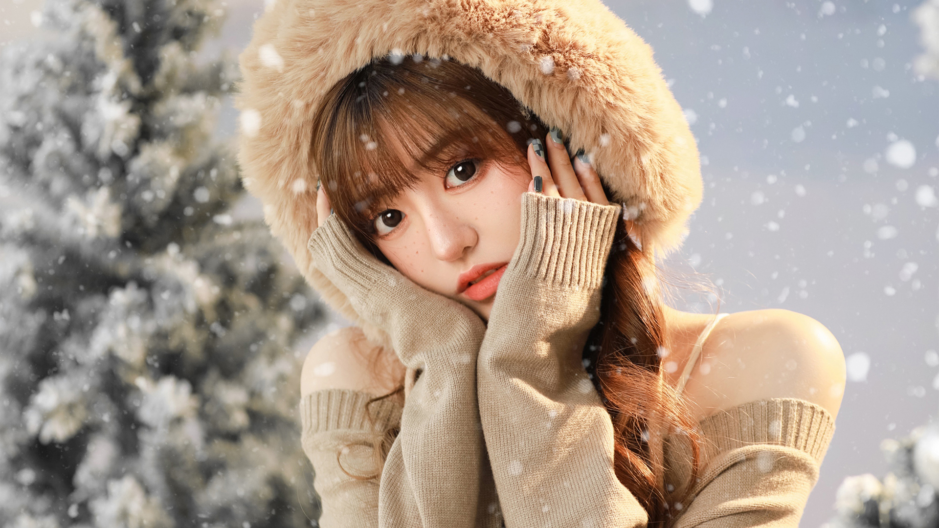 圣诞美女高清壁纸，帽子毛衣雪花装点，免费下载电脑壁纸