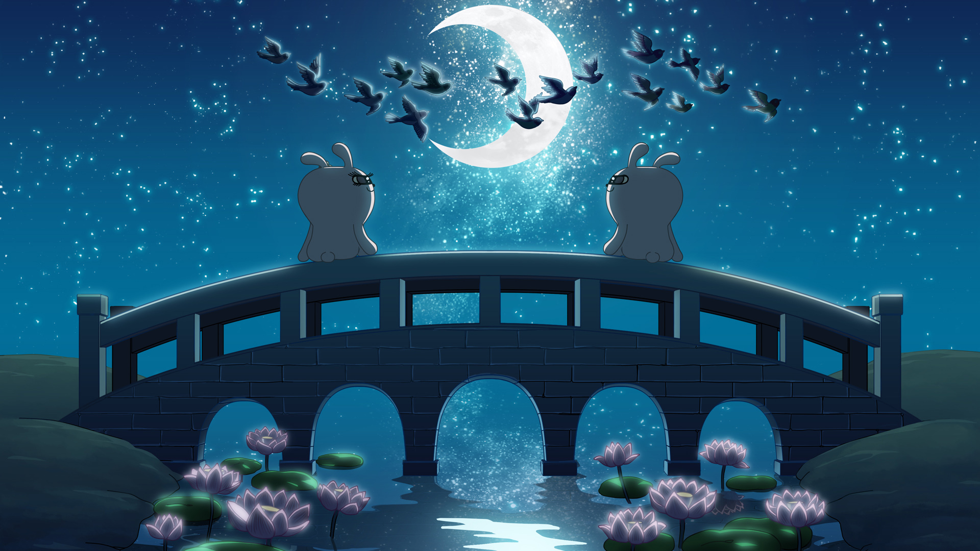 七夕夜·鹊桥相会，冷兔陪你赏月赏荷，精选节日壁纸免费下载