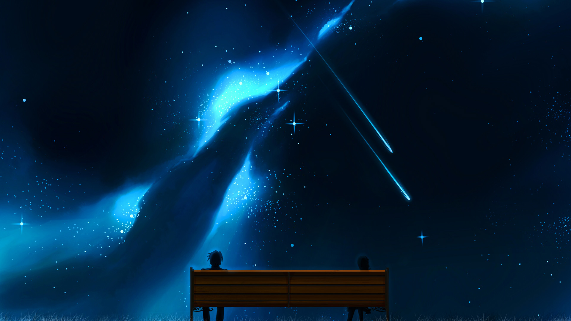 男人与女人，板凳上的梦幻夜晚，星空流星壁纸，免费动漫电脑壁纸下载
