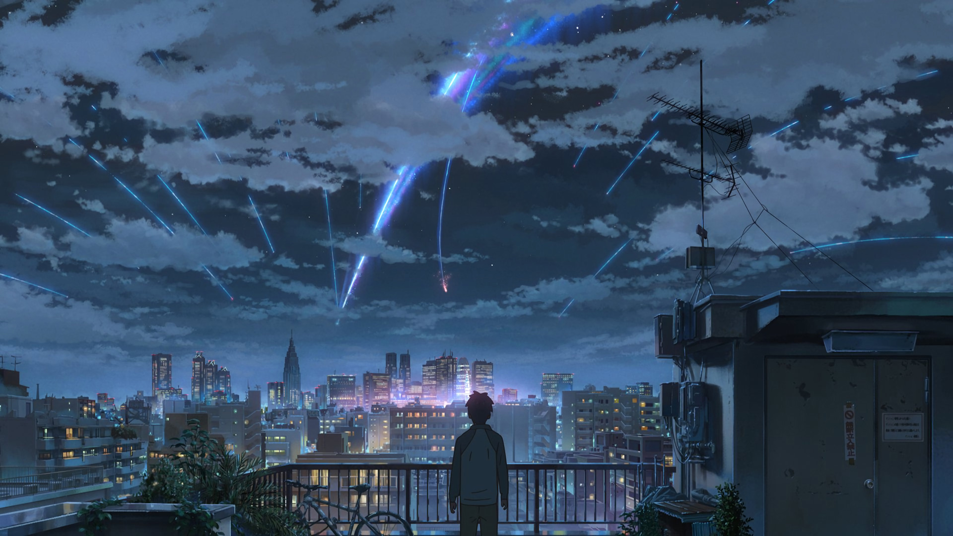 绝美夜景，屋顶星空下的城市画卷，你的名字2K动漫壁纸免费下载