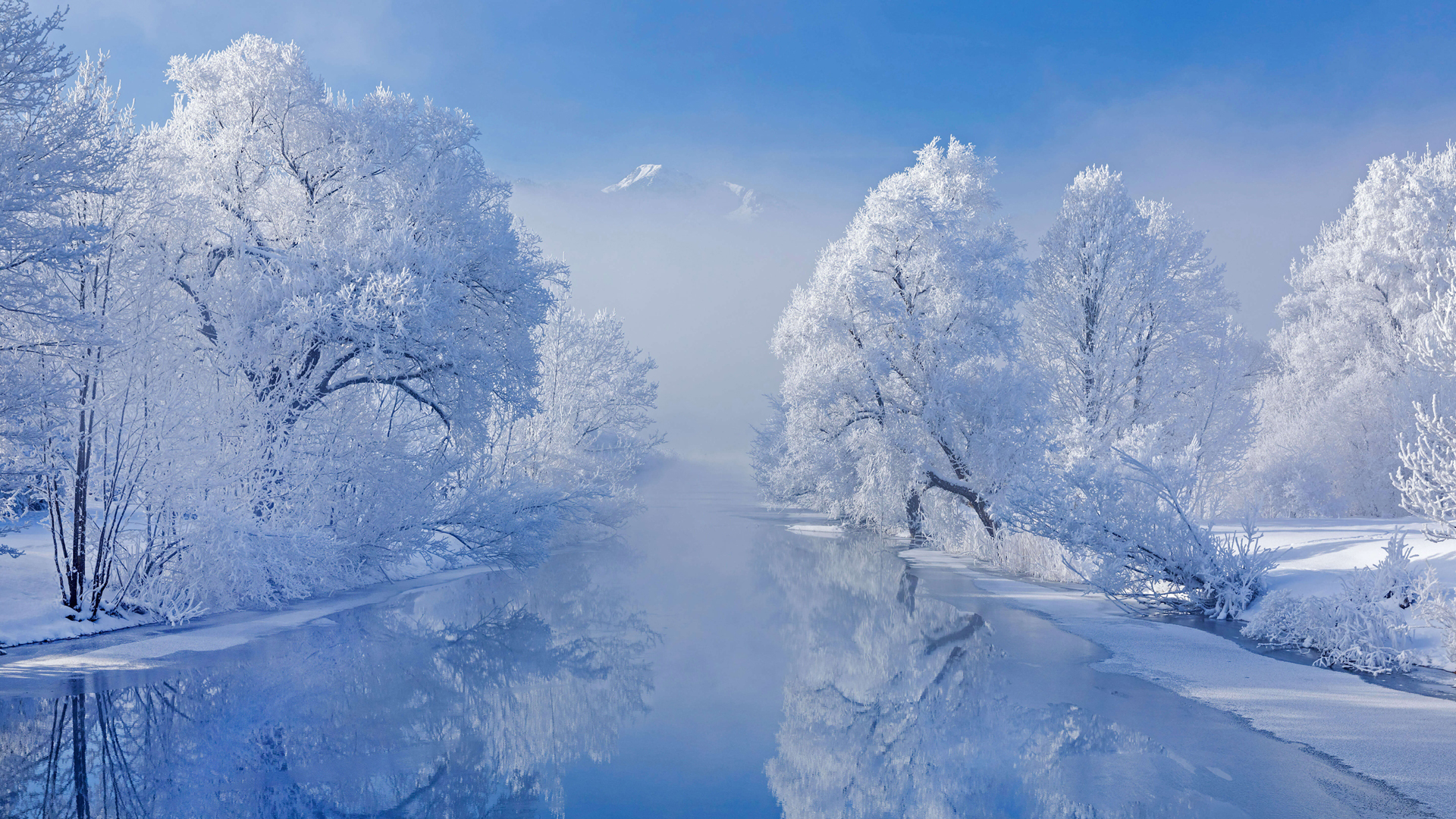 山 树 河流冬季唯美雪景壁纸