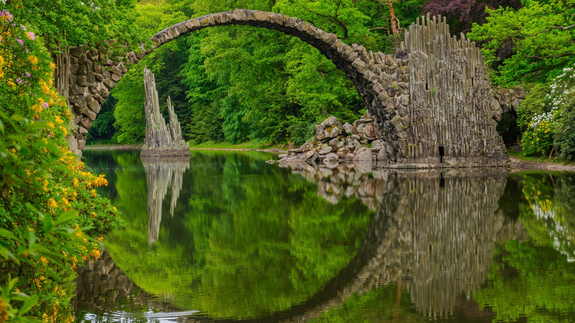 萨克森州自然美景，杜鹃花绽放，绿林环抱，河流穿流，免费桌面壁纸下载