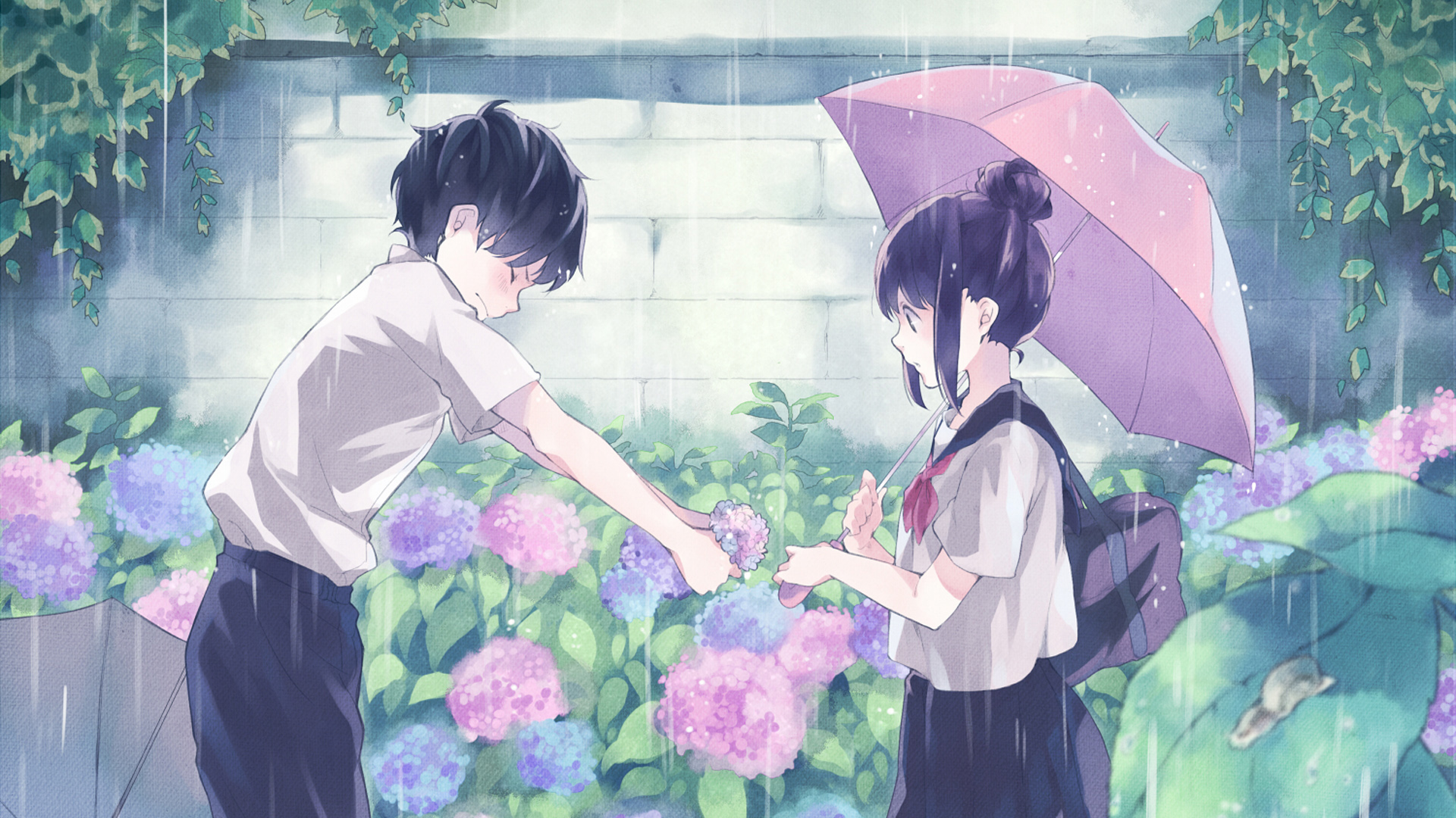 女生男生初恋时光，唯美雨伞鲜花动漫壁纸，免费下载装点你的电脑桌面