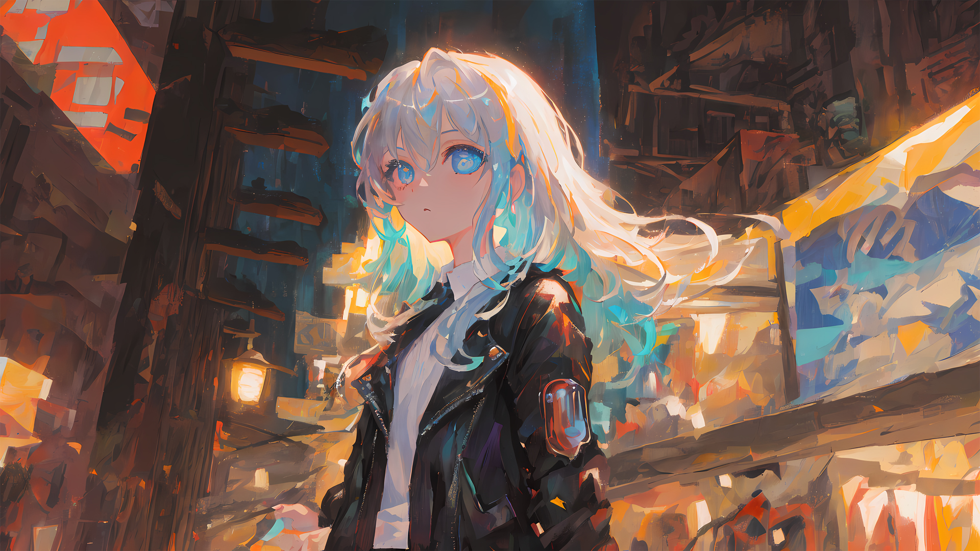 长发动漫少女，蓝眸黑衣，AI绘制超清壁纸，免费下载动漫电脑桌面背景