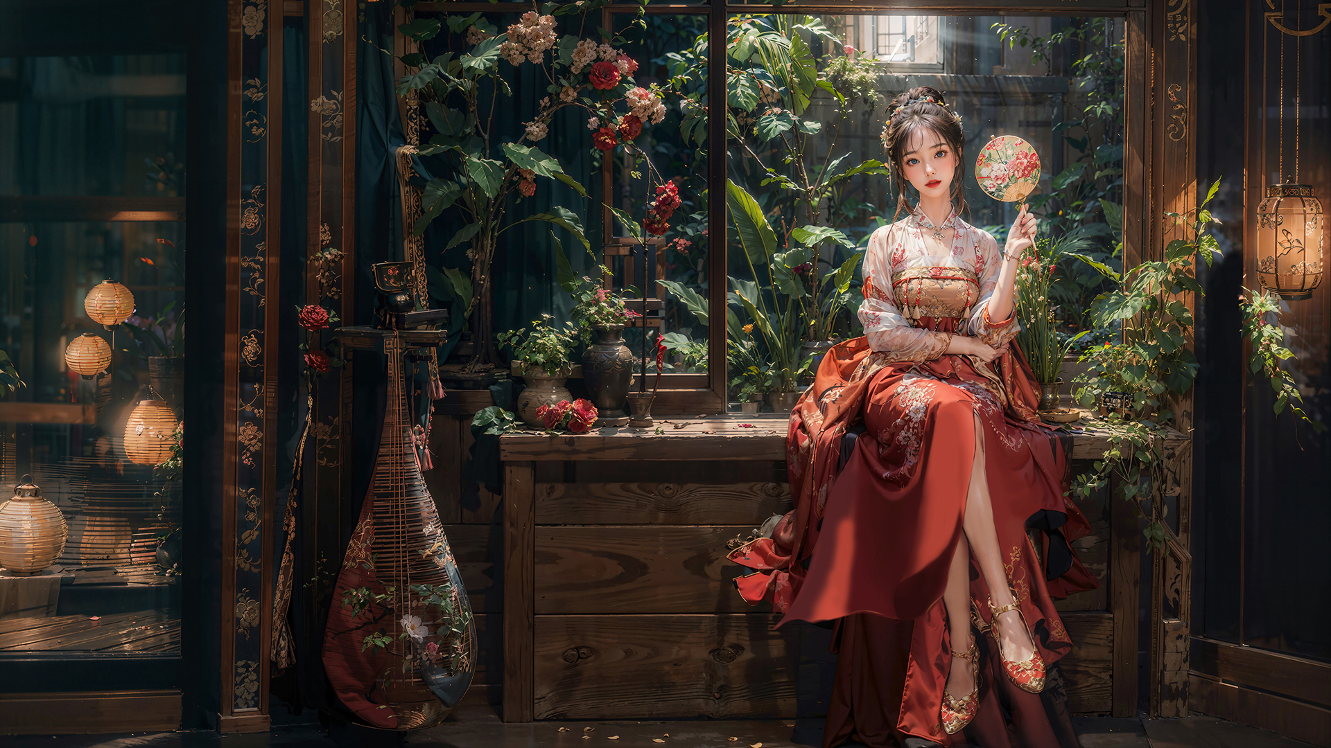 古风美女执扇，红裙映衬绿植鲜花动漫壁纸免费下载