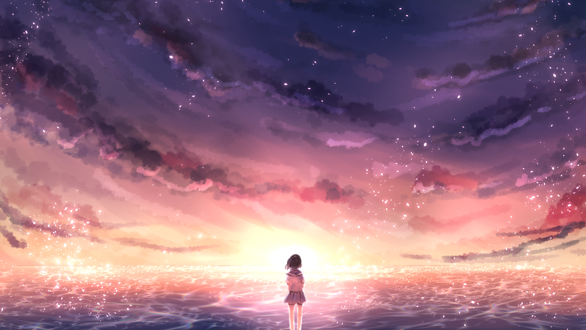 唯美天空海景晚霞动漫壁纸，水手服女孩梦幻画面，免费下载电脑壁纸