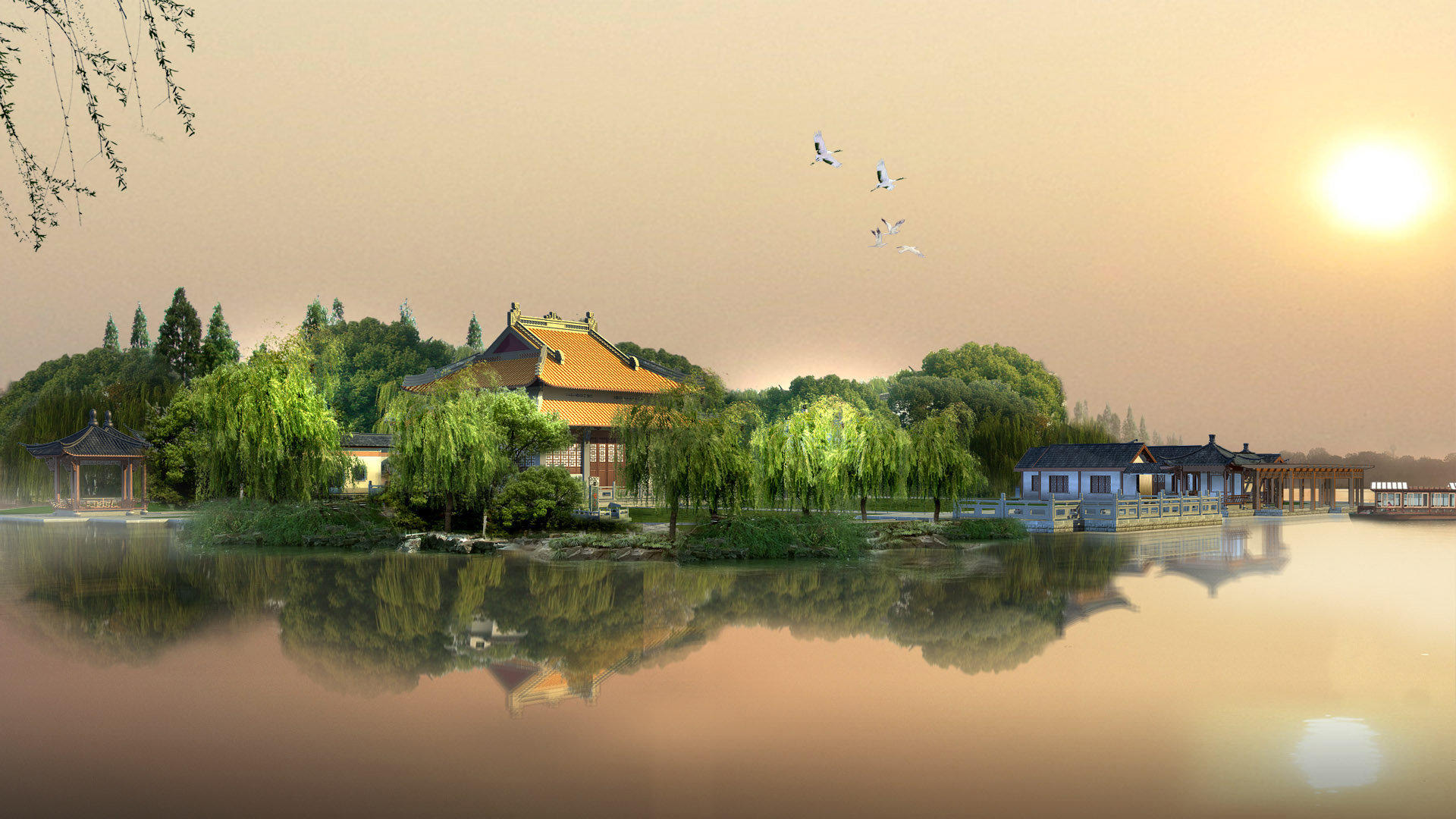 湖,亭子,柳树风景桌面壁纸