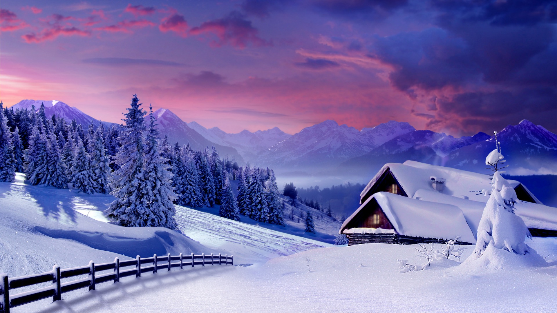 冬日雪景，小屋静谧，栅栏映雪，树木银装，绝美风景壁纸免费下载
