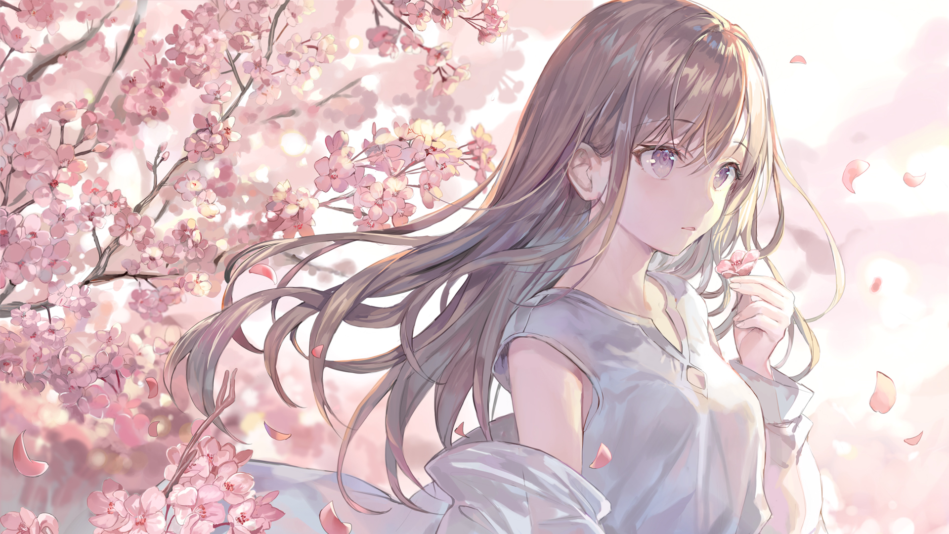 樱花 茶色长发女子高清壁纸
