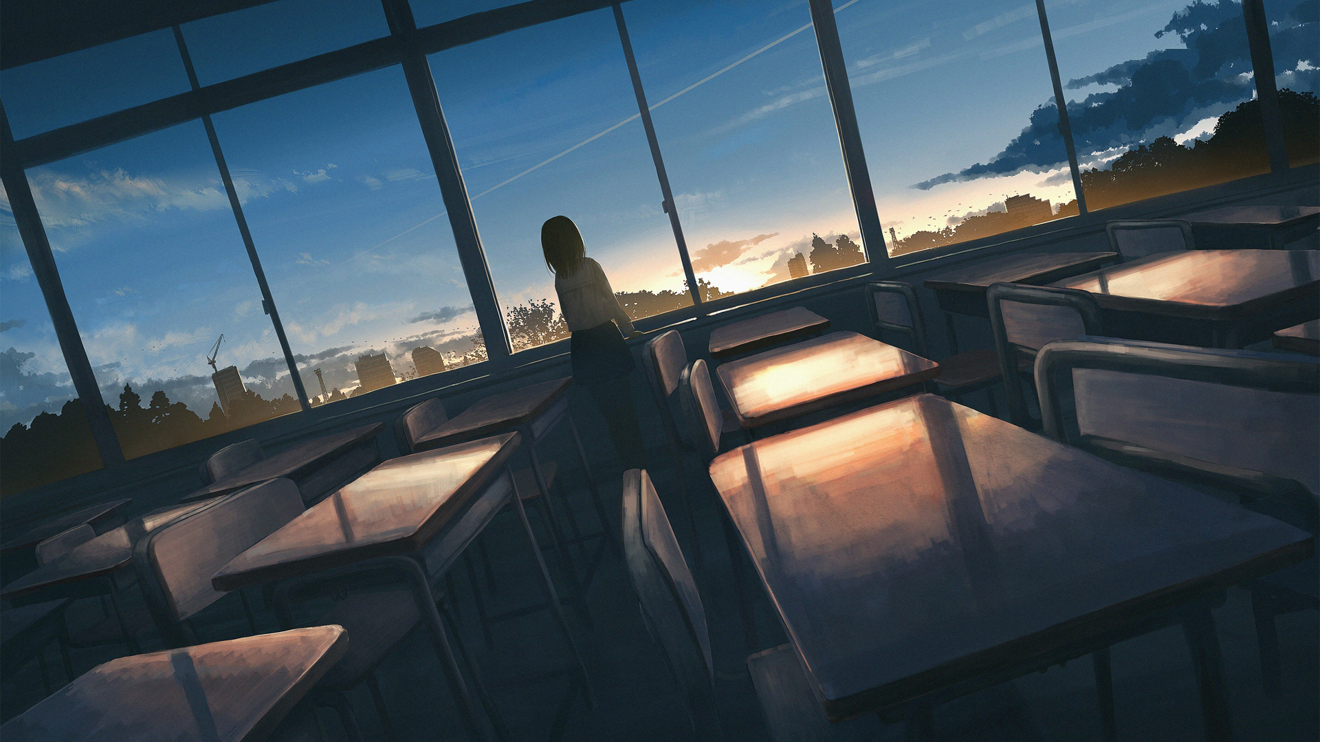二次元女学生背影教室夕阳壁纸，高清免费下载！