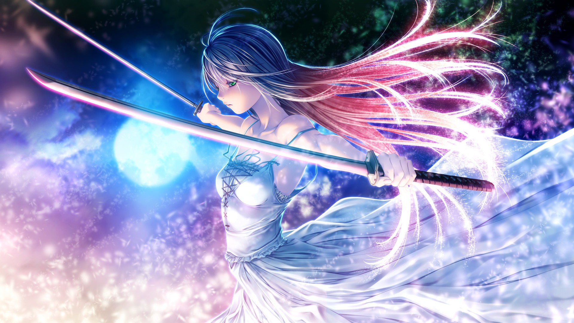 女孩武士刀月球动漫壁纸，免费下载精美电脑背景图