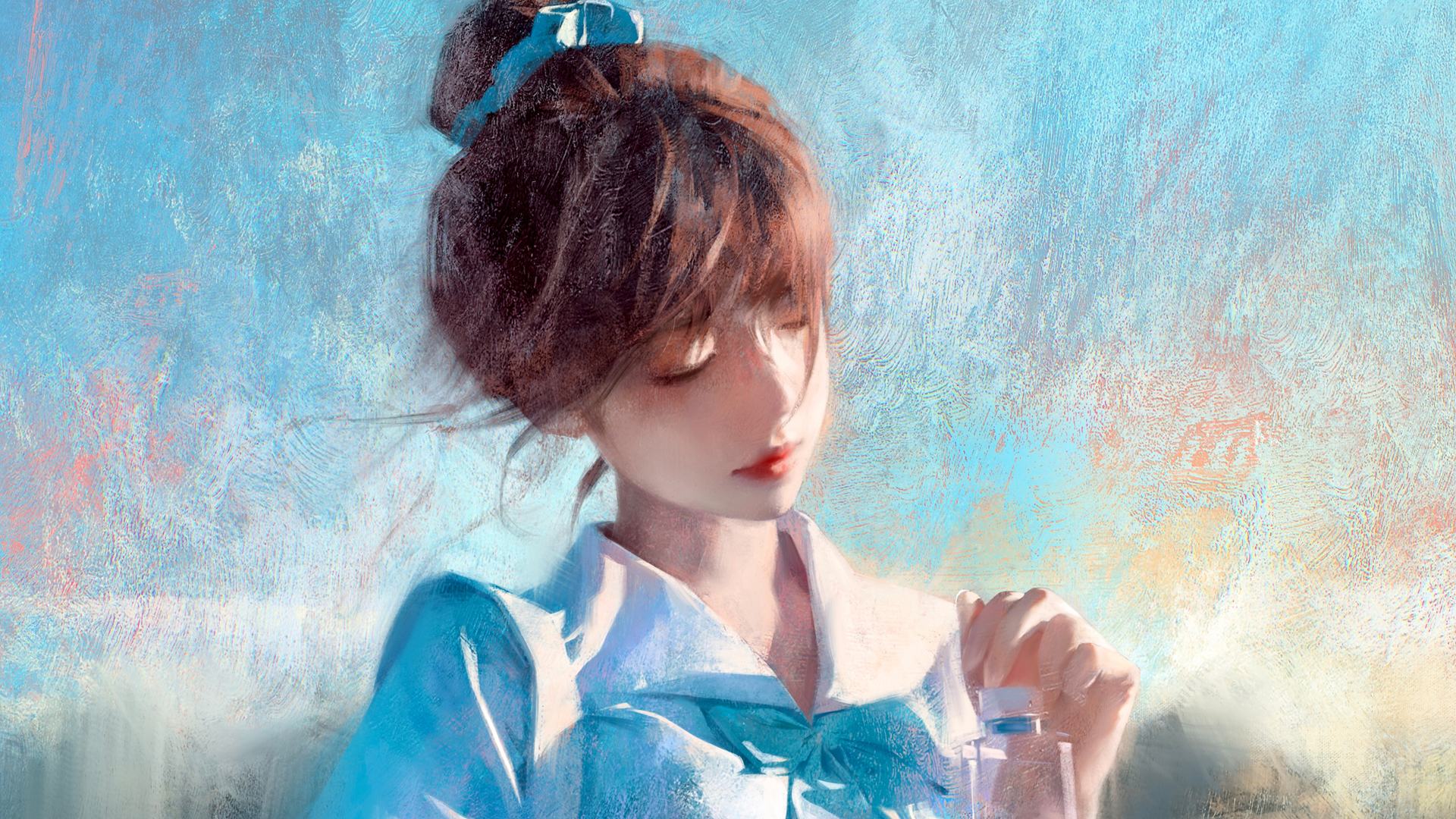 女孩闭眼水瓶天蓝唯美动漫壁纸，免费下载高清电脑壁纸