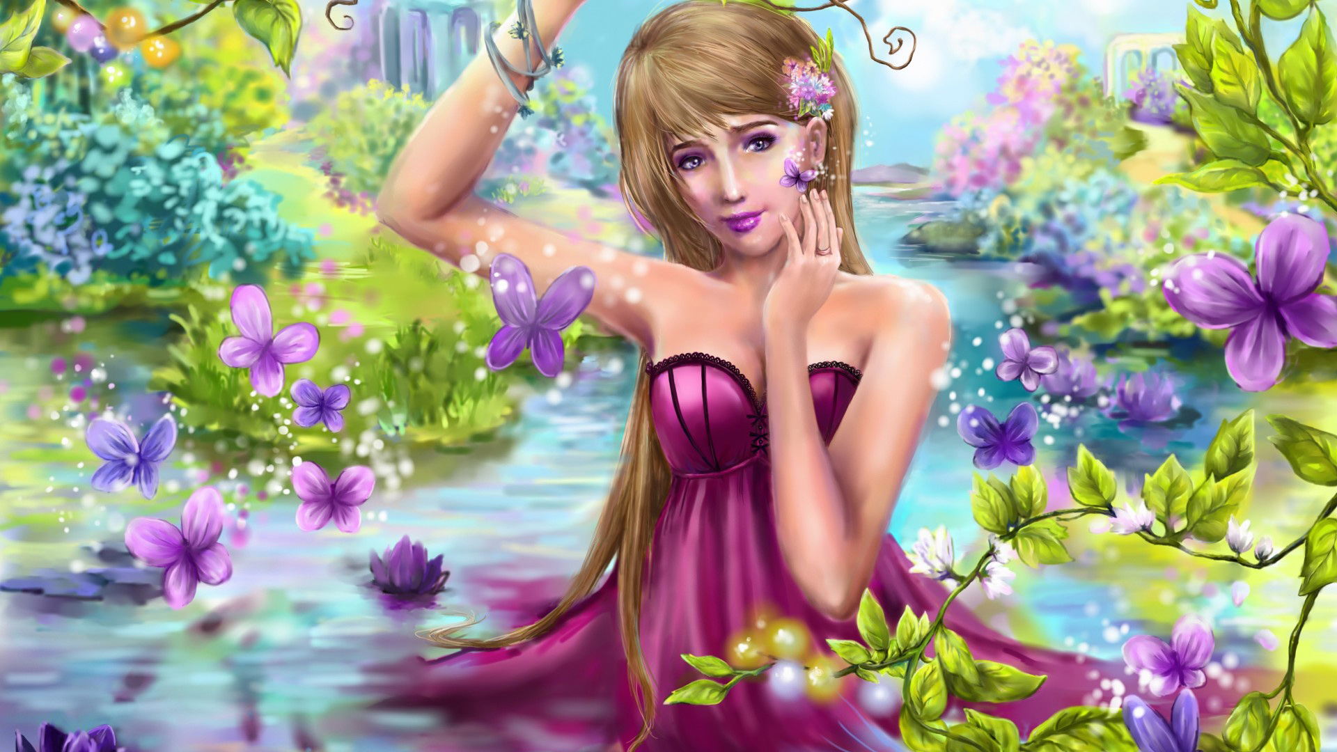 女孩幻想艺术，自然树木花朵梦境，唯美意境壁纸免费下载