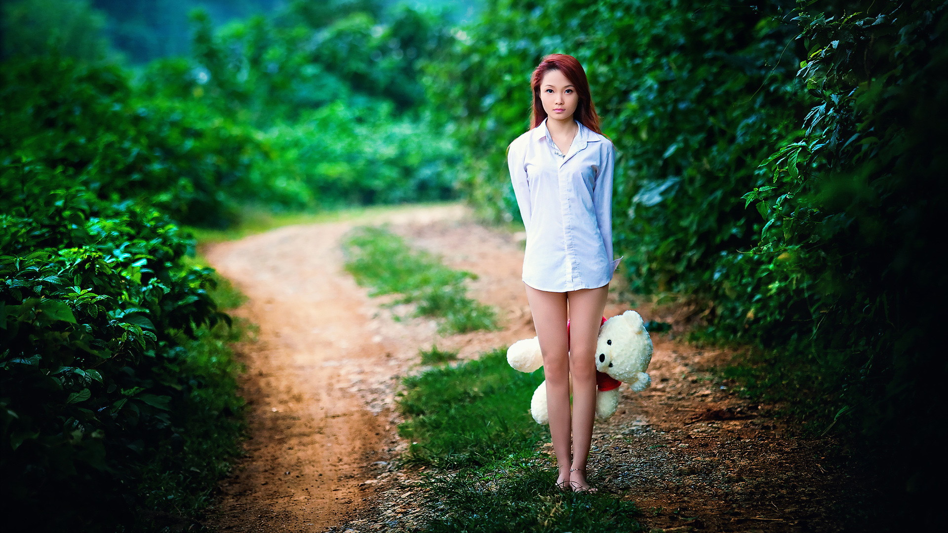 美女,小熊,路,绿色风景壁纸