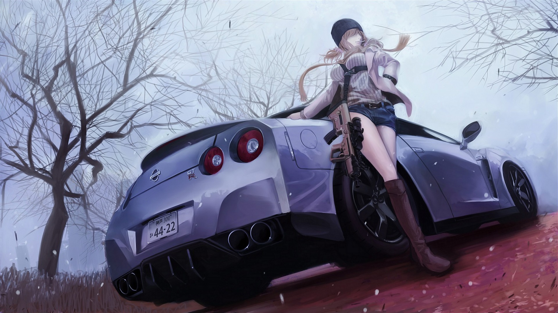 长腿动漫美女，个性，跑车，帅气，酷，桌面壁纸