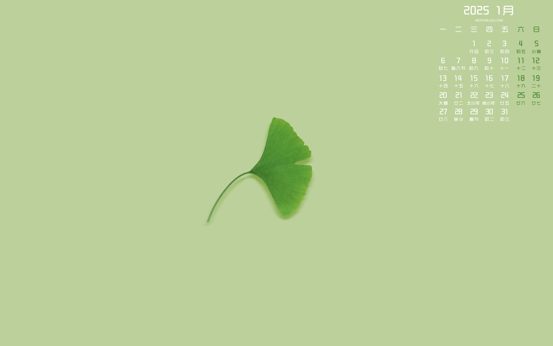 幸运叶2025年1月日历高清桌面壁纸护眼