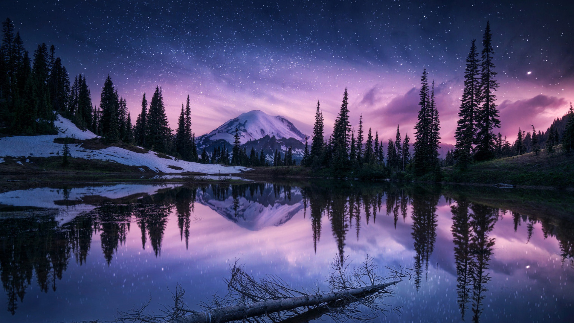 森林 天空 山 晚上 湖 星空 风景桌面壁纸