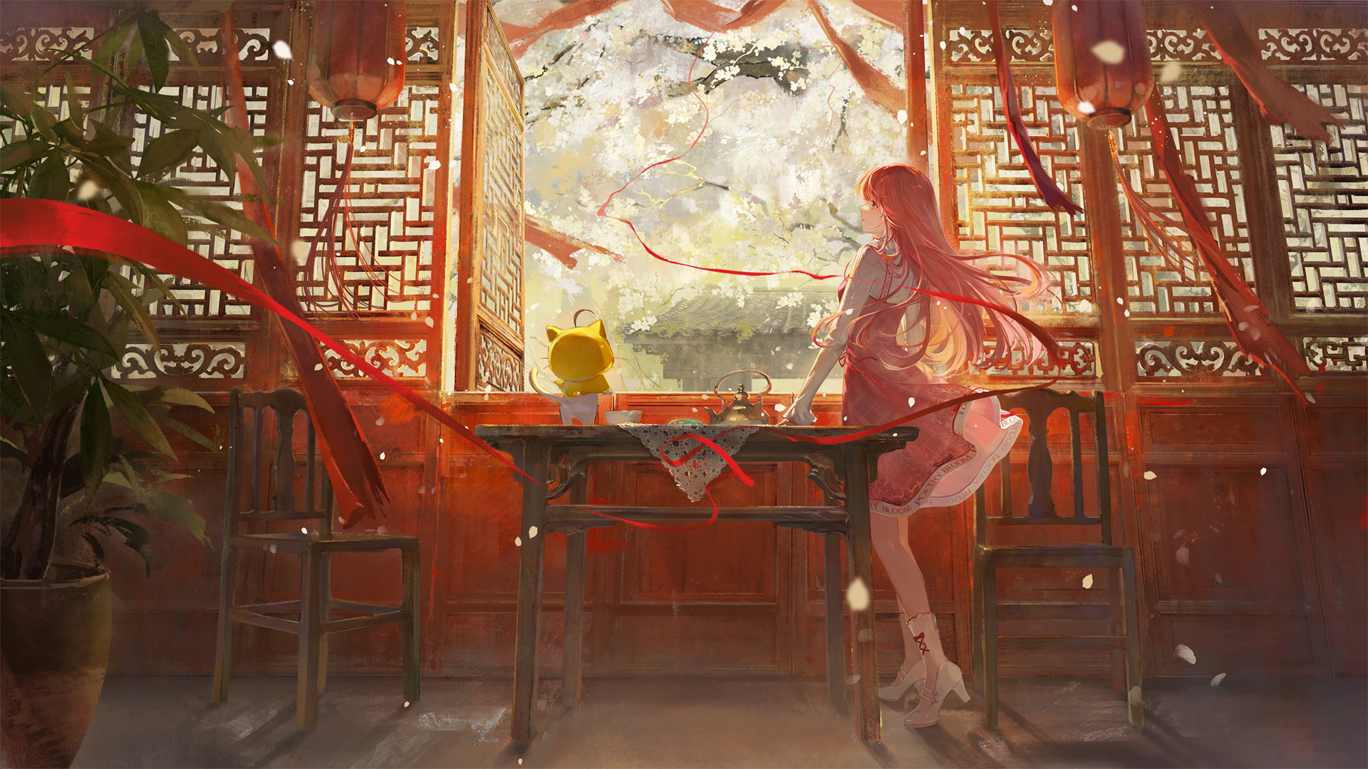 唯美中国风少女穿红裙，房间桌边挂灯笼窗边景，动漫电脑壁纸免费下载