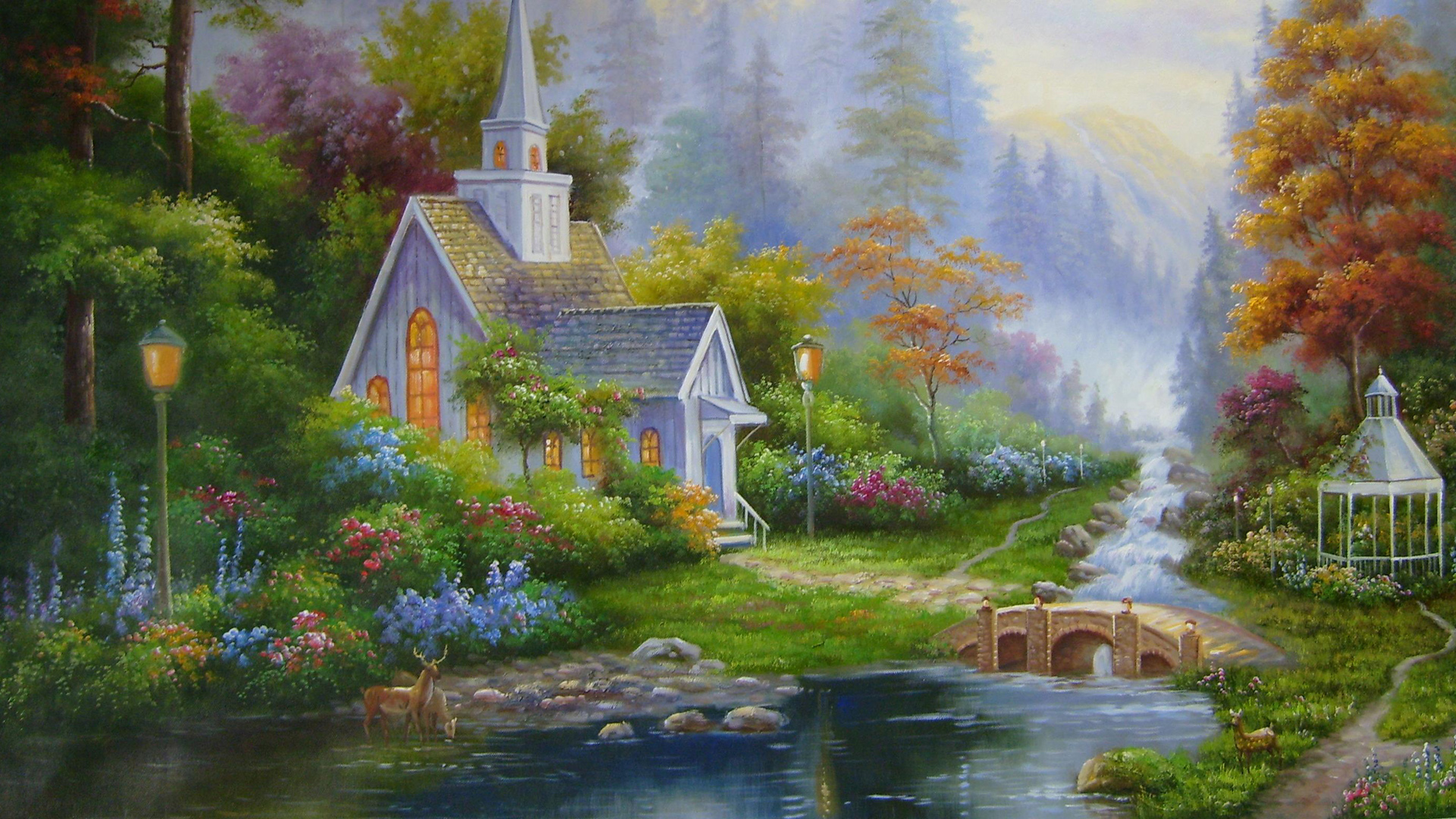 树林中的小屋油画风景桌面壁纸