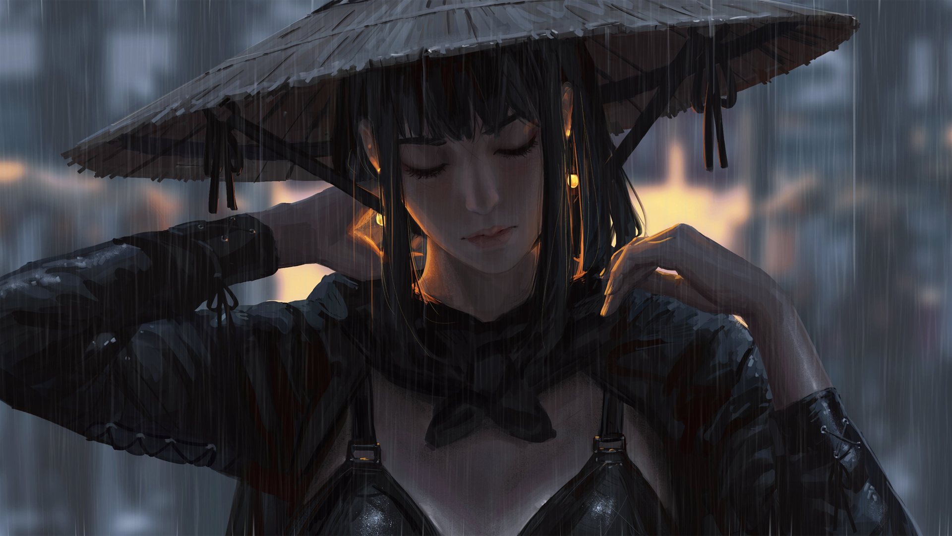 唯美动漫壁纸，雨天闭眼斗笠女孩，高清免费下载