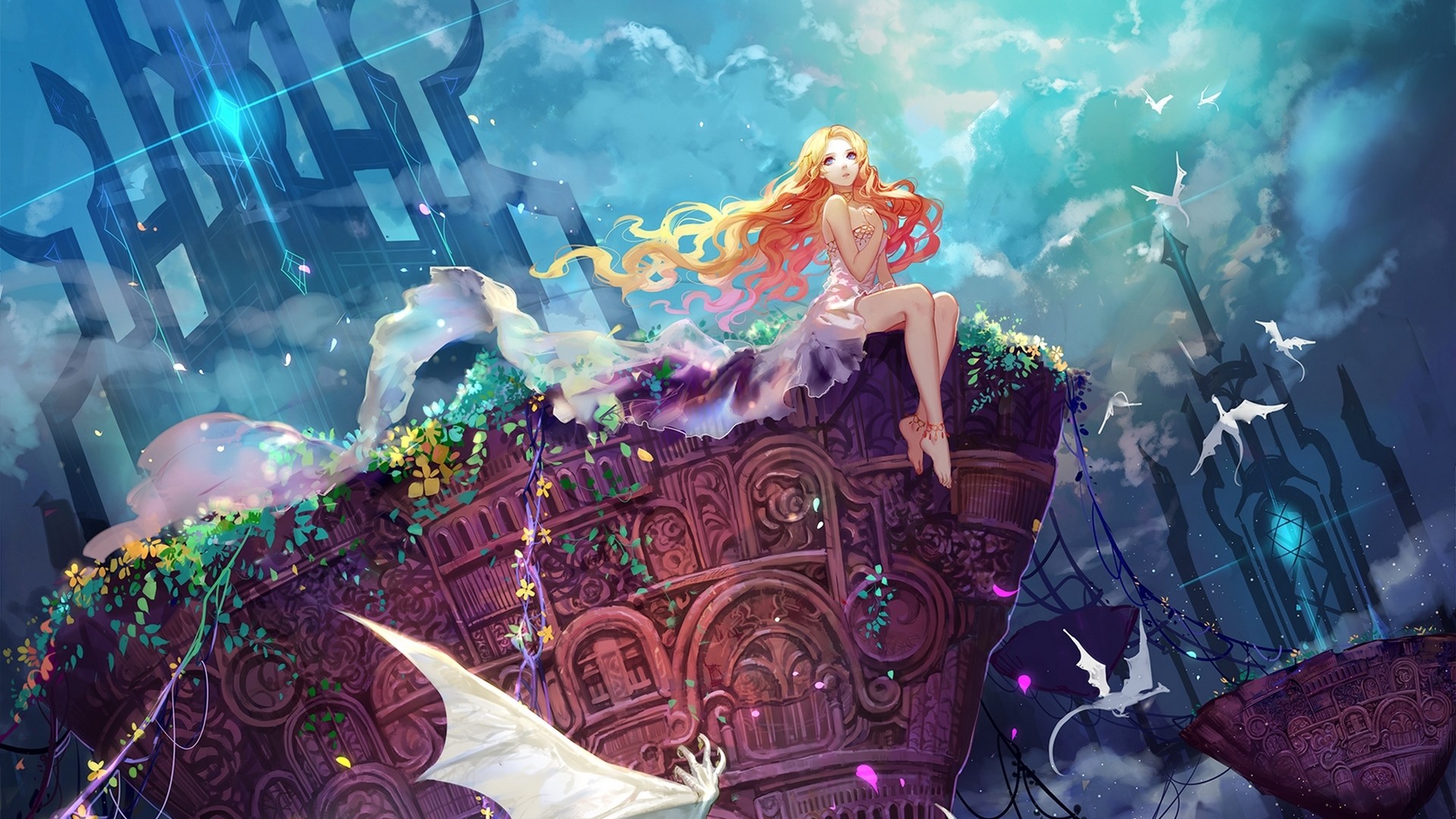 明日香动漫女孩，天空云龙美景，免费电脑壁纸下载